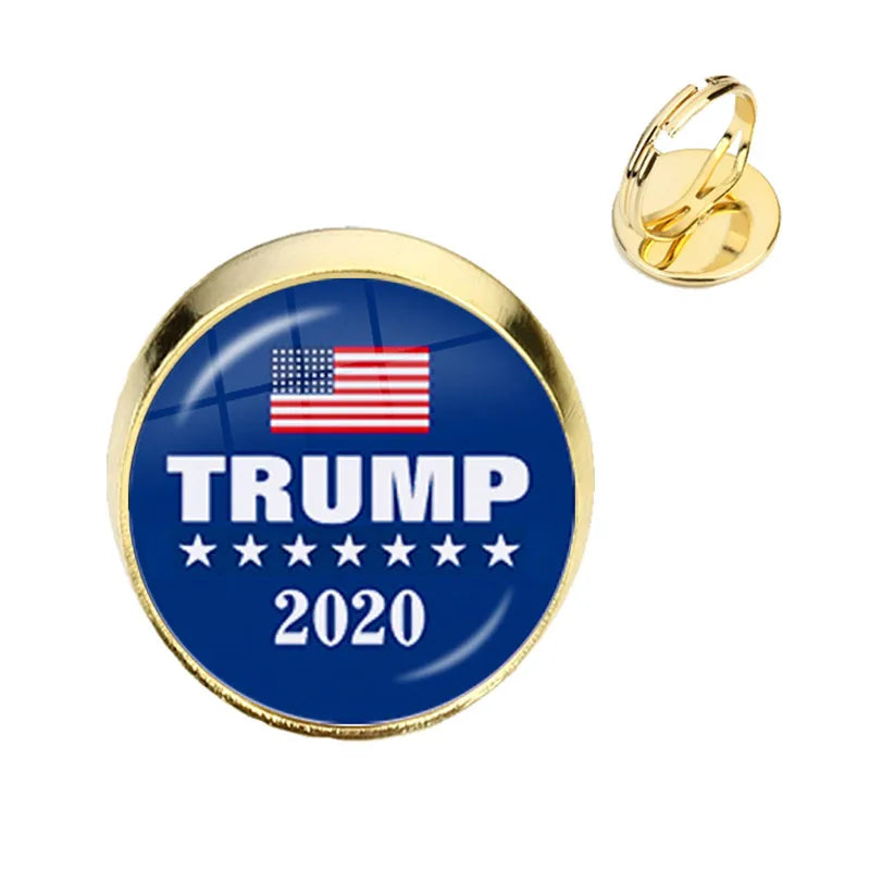 Trump 2020 Glass Cabochon Rings USA Election Collection Keep America Great Golden Plated Rings For Women Men Support Trump Gift