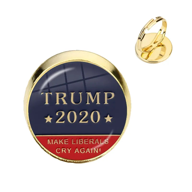 Trump 2020 Glass Cabochon Rings USA Election Collection Keep America Great Golden Plated Rings For Women Men Support Trump Gift