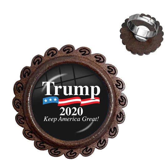 Trump 2020 Glass Cabochon Wood Rings USA Election Collection Keep America Great Rings Jewelry For Women Men Support Trump Gift
