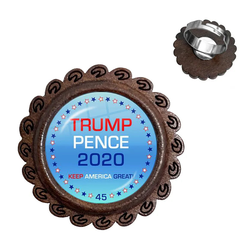 Trump 2020 Glass Cabochon Wood Rings USA Election Collection Keep America Great Rings Jewelry For Women Men Support Trump Gift