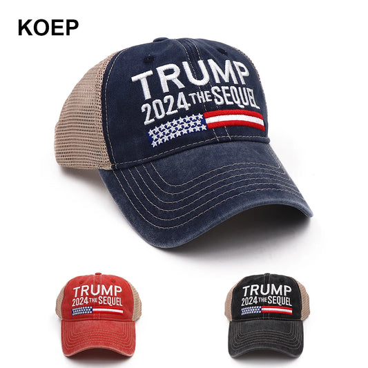 KOEP New Donald Trump 2024 The SEQUEL Cap Washed Mesh Baseball Caps I VOTE FOR TRUMP Snapback Hat Embroidery Drop Shipping