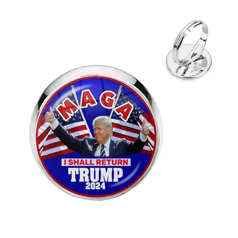 Donald Trump 2024 Collection Glass Cabochon Rings USA Flag Keep America Great Adjustable Rings Jewelry For Women Men Kids