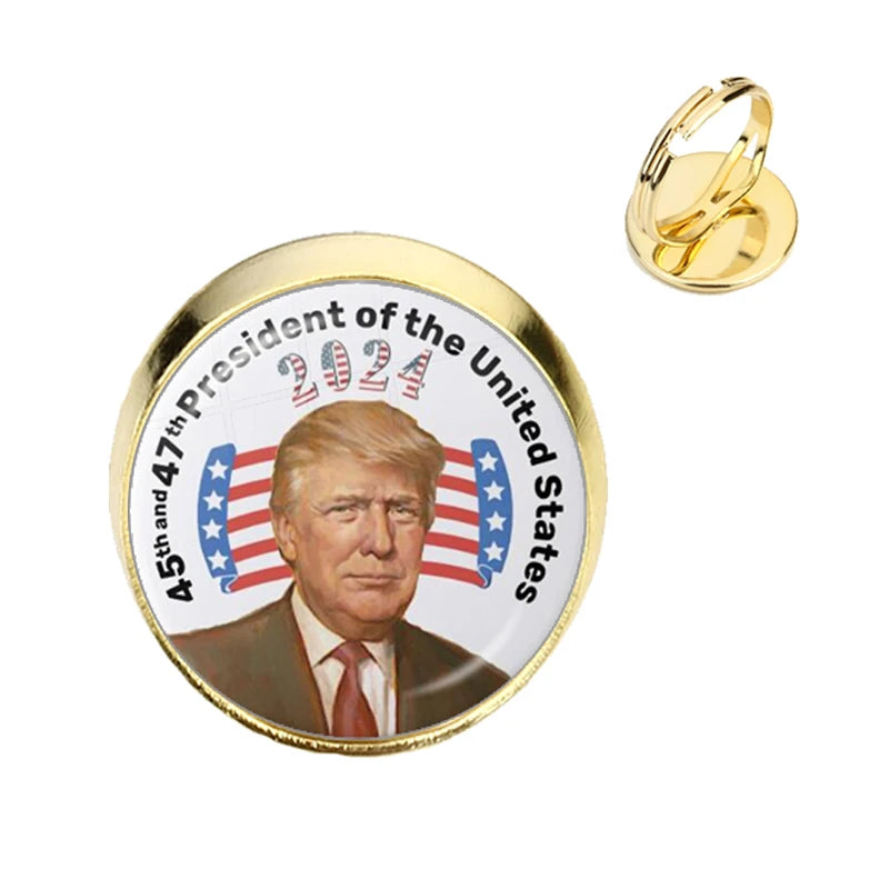 Donald Trump 2024 Collection Glass Cabochon Rings USA Flag Keep America Great Adjustable Rings Jewelry For Women Men Kids