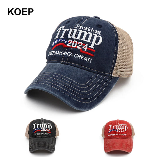 KOEP New Donald Trump 2024 Cap Washed Mesh Baseball Caps Keep America Great Snapback President Hat Embroidery Drop Shipping