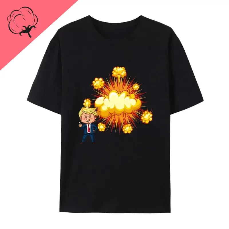 Humor Presidential Election November 2024 Fashion Hipster Streetwear Funny US President Trump with Bomb Cartoon Cotton T Shirt