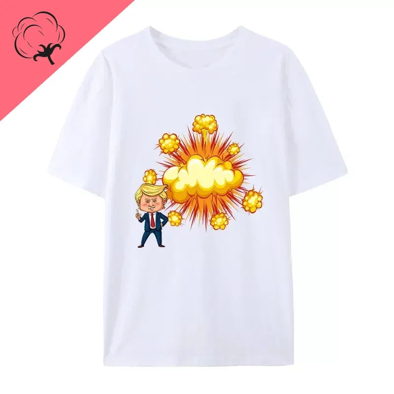 Humor Presidential Election November 2024 Fashion Hipster Streetwear Funny US President Trump with Bomb Cartoon Cotton T Shirt