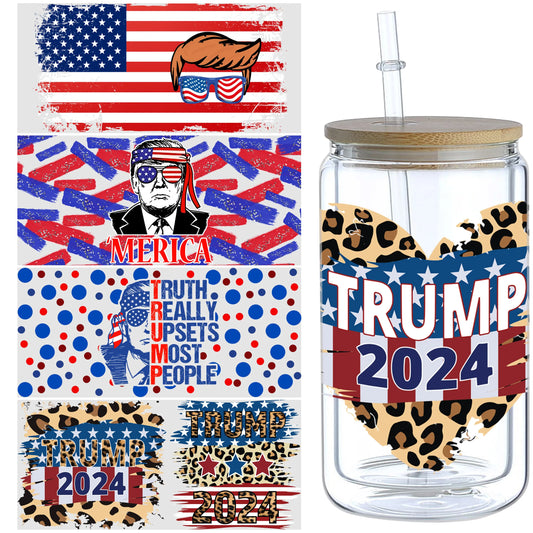 5 Sheets Trump UV DTF Cup Wrap,Sport DTF Transfer Stickers for Glass Cup,Waterproof 2024 Rub on Transfers for 16 oz Glass,Mugs,