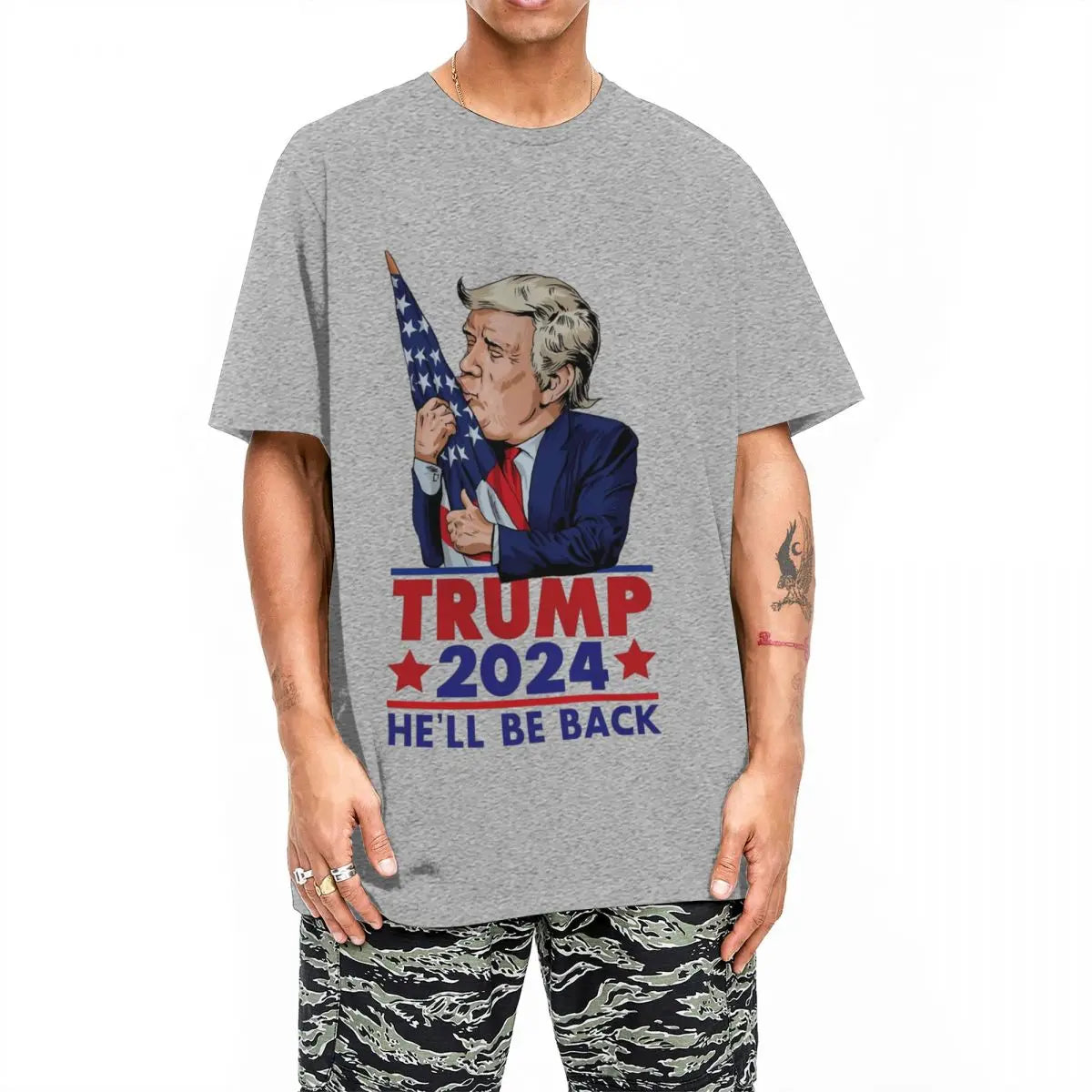 Donald Trump He'll Be Back T Shirt Men Cotton Tops Retro 2024 US Presidential Election Round Neck Short Sleeve