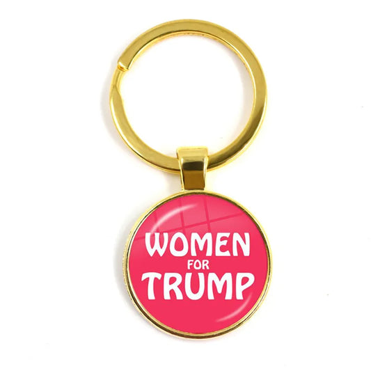 Women For Trump 2024 American USA Election Glass Cabochon Necklace 3D Print Golden Plated Keyring Holder Jewelry For Women Men