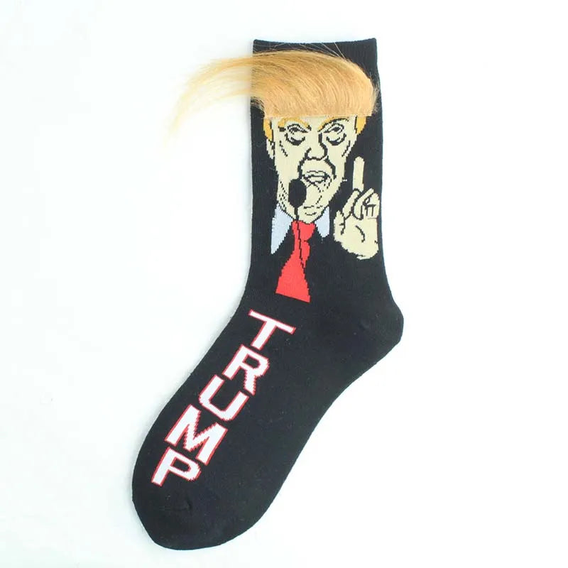Spoof Funny President Donald Trump Socks With 3D Fake Hair Crew Socks Mens Compression Socks Streetwear Hip Hop