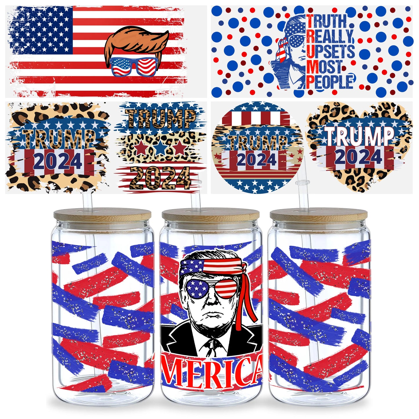 5 Sheets Trump UV DTF Cup Wrap,Sport DTF Transfer Stickers for Glass Cup,Waterproof 2024 Rub on Transfers for 16 oz Glass,Mugs,