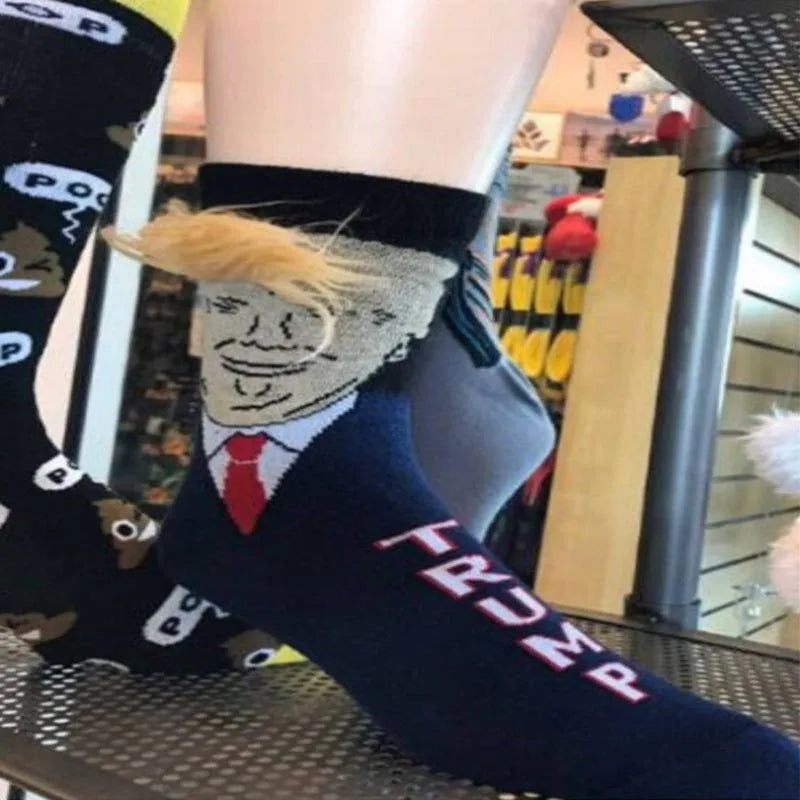 Spoof Funny President Donald Trump Socks With 3D Fake Hair Crew Socks Mens Compression Socks Streetwear Hip Hop